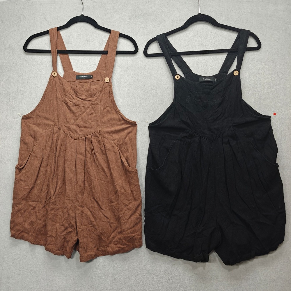 Lot of 2 Shortalls Bib Overall Shorts Womens M Romper Linen Blend Lagenlook Boho